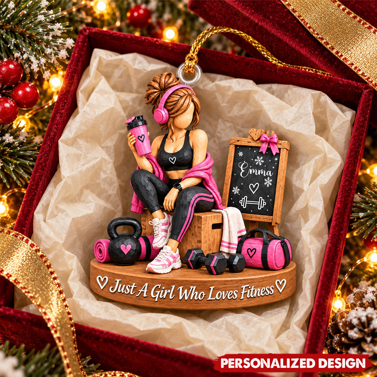 Personalized Fitness Girl Acrylic Christmas Ornament - Custom Name Workout Gym Lover Keepsake
