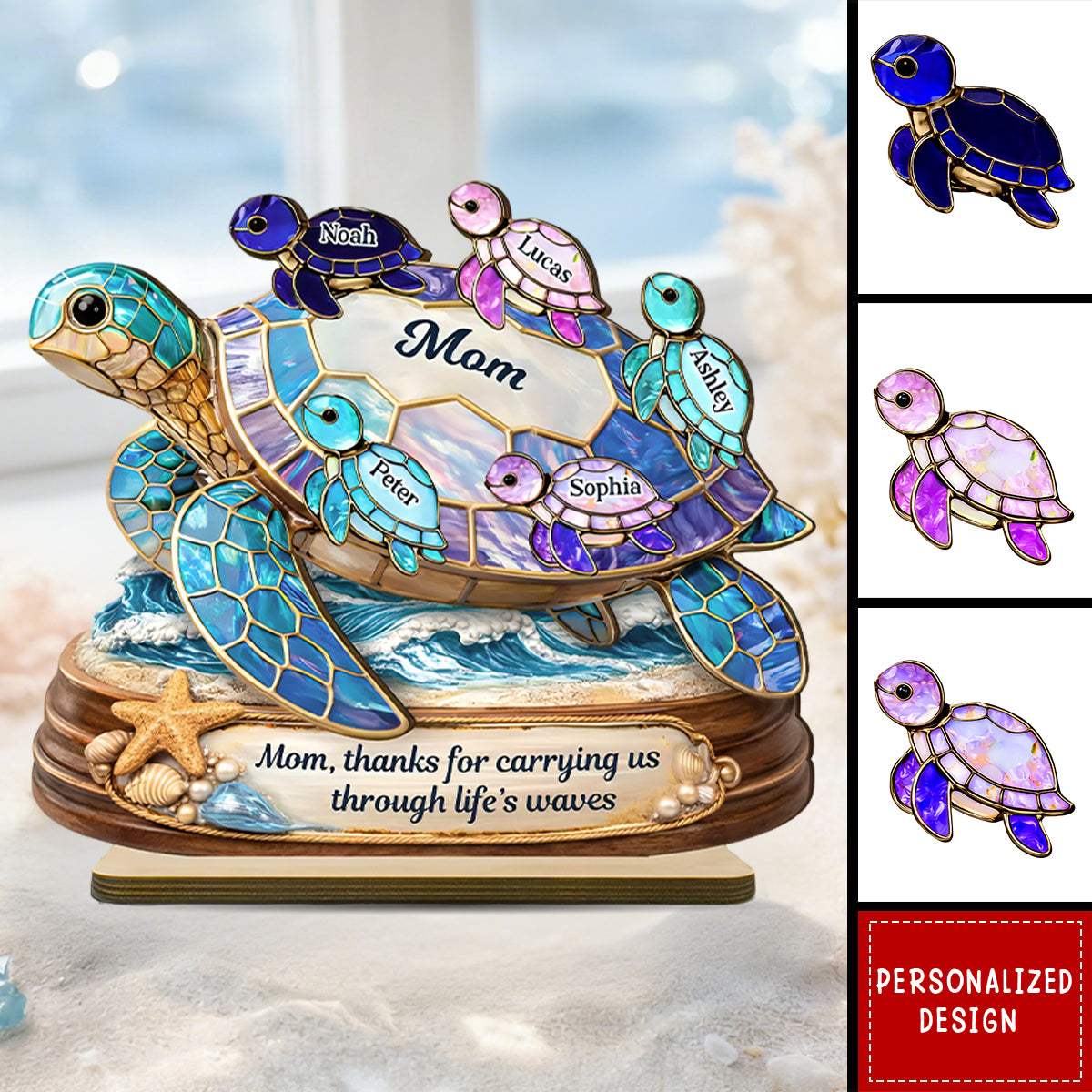 Thanks for Carrying us Through Life's Waves - Personalized Mom Sea Turtle Wooden Plaque