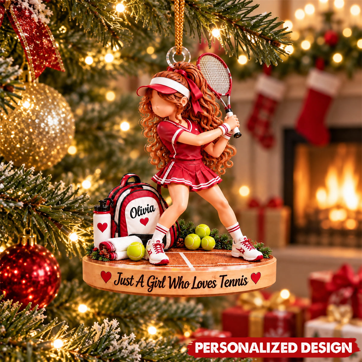 Personalized Tennis Girl Swing Pose Acrylic Christmas Ornament - Custom Name Tennis Player Gift