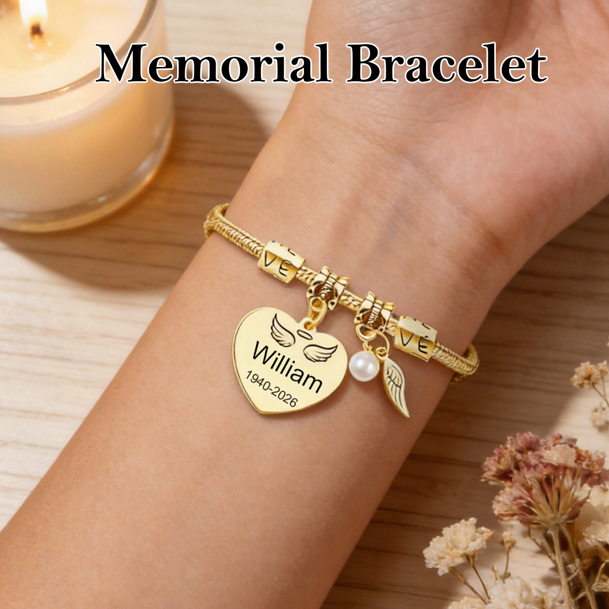 Always In My Heart, Personalized Pearl Wings Memorial Bracelet