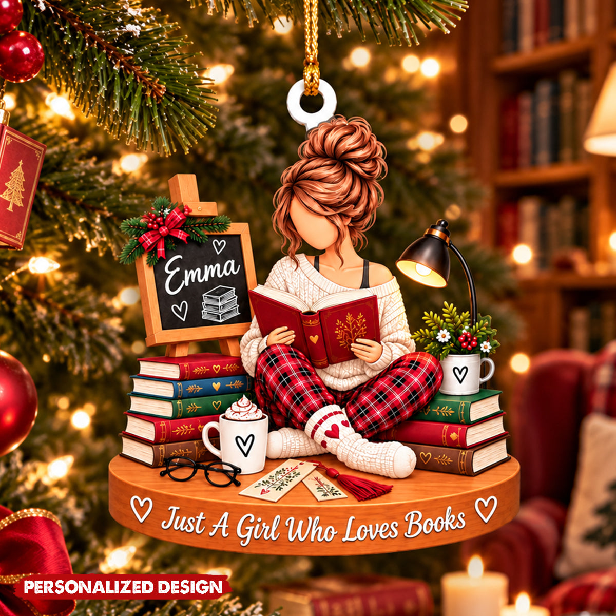 Bookworm Girl Custom Acrylic Hanging Ornament - Book Lover Christmas Tree Decoration