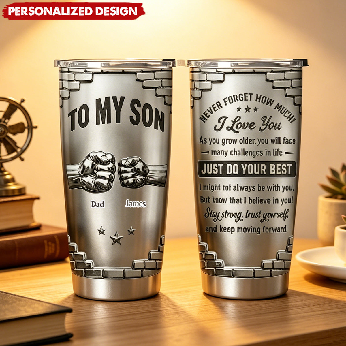 Personalized “To My Son” Fist Bump Tumbler - Sentimental Encouragement Tumbler