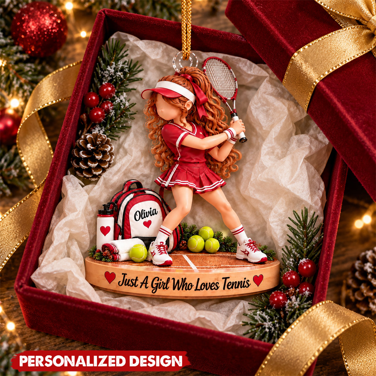Personalized Tennis Girl Swing Pose Acrylic Christmas Ornament - Custom Name Tennis Player Gift