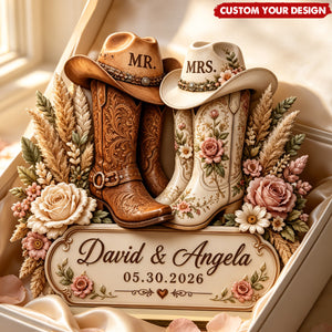 Personalized Mr & Mrs Cowboy Boot Wooden Table Sign - Custom Couple Name Western Wedding Plaque