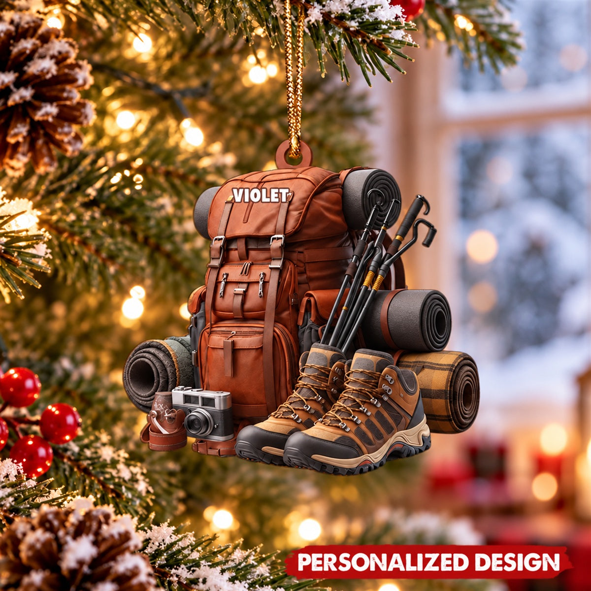 Vintage Hiking Gear Custom Acrylic Christmas Ornament for Nature Lovers