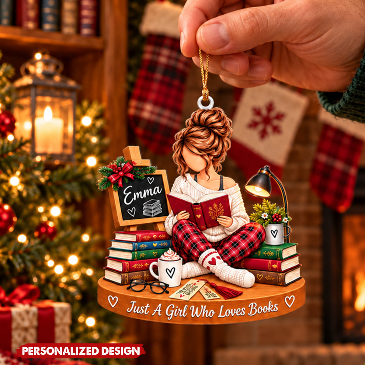 Bookworm Girl Custom Acrylic Hanging Ornament - Book Lover Christmas Tree Decoration