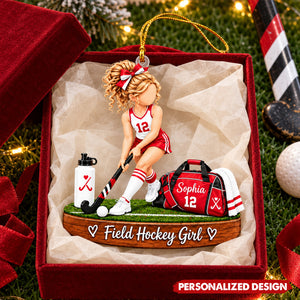 Personalized Field Hockey Girl Acrylic Christmas Ornament - Custom Name & Number Field Hockey Gift