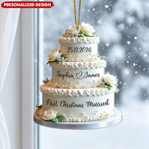 Personalized Couple Names & Wedding Date First Christmas Married Cake Acrylic Ornament