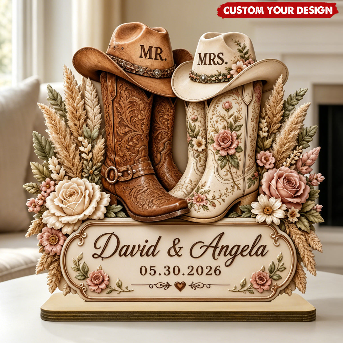Personalized Mr & Mrs Cowboy Boot Wooden Table Sign - Custom Couple Name Western Wedding Plaque