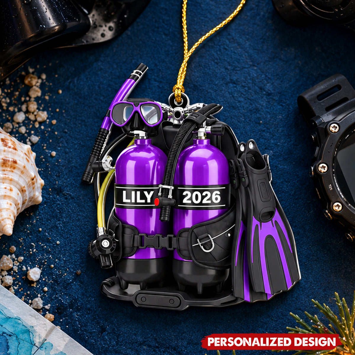 Personalized Scuba Diving Gear Acrylic Christmas Ornament - Custom Name & Year Diver Ornament