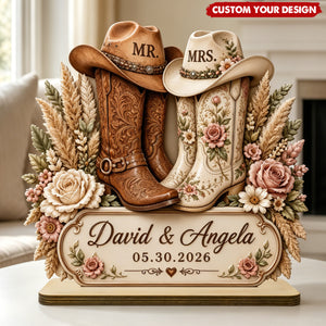 Personalized Mr & Mrs Cowboy Boot Wooden Table Sign - Custom Couple Name Western Wedding Plaque
