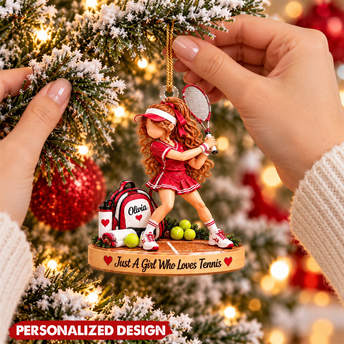 Personalized Tennis Girl Swing Pose Acrylic Christmas Ornament - Custom Name Tennis Player Gift