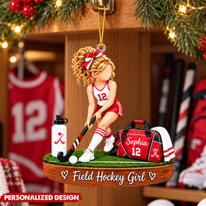 Personalized Field Hockey Girl Acrylic Christmas Ornament - Custom Name & Number Field Hockey Gift