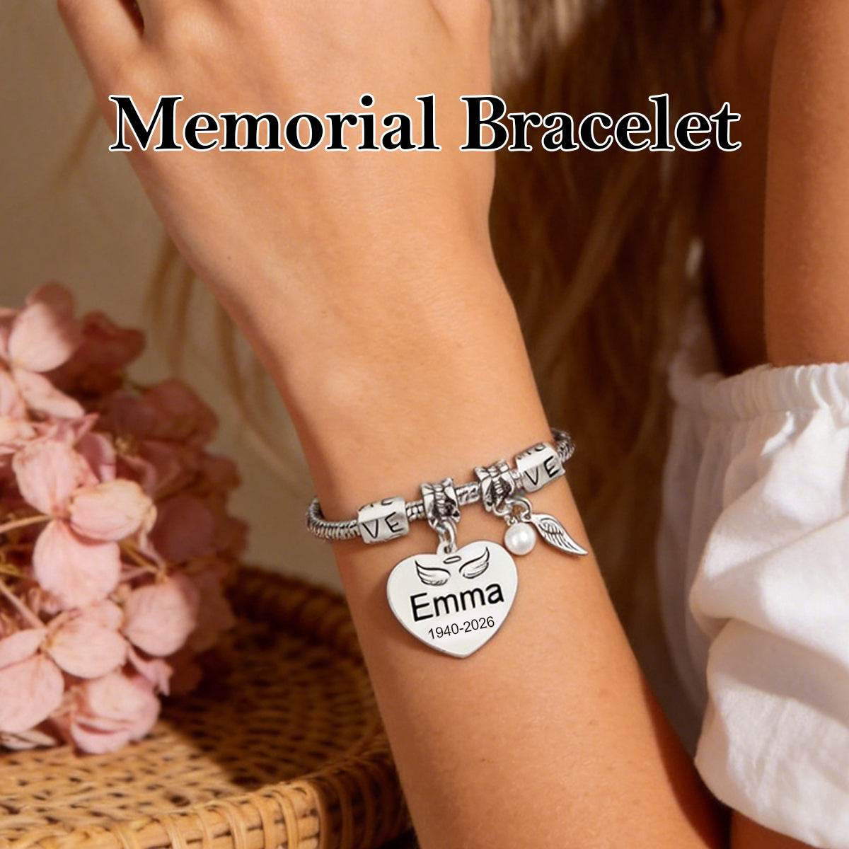 Always In My Heart, Personalized Pearl Wings Memorial Bracelet