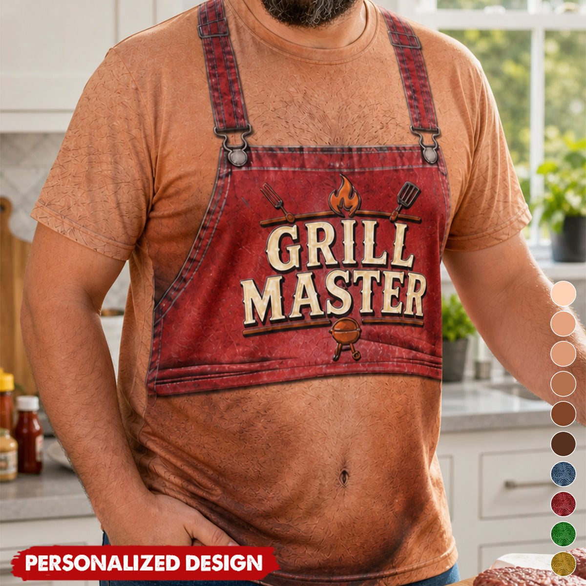 Personalized Optical Illusion Grill Master BBQ Apron Belly Men’s Novelty Crew Neck T-Shirt
