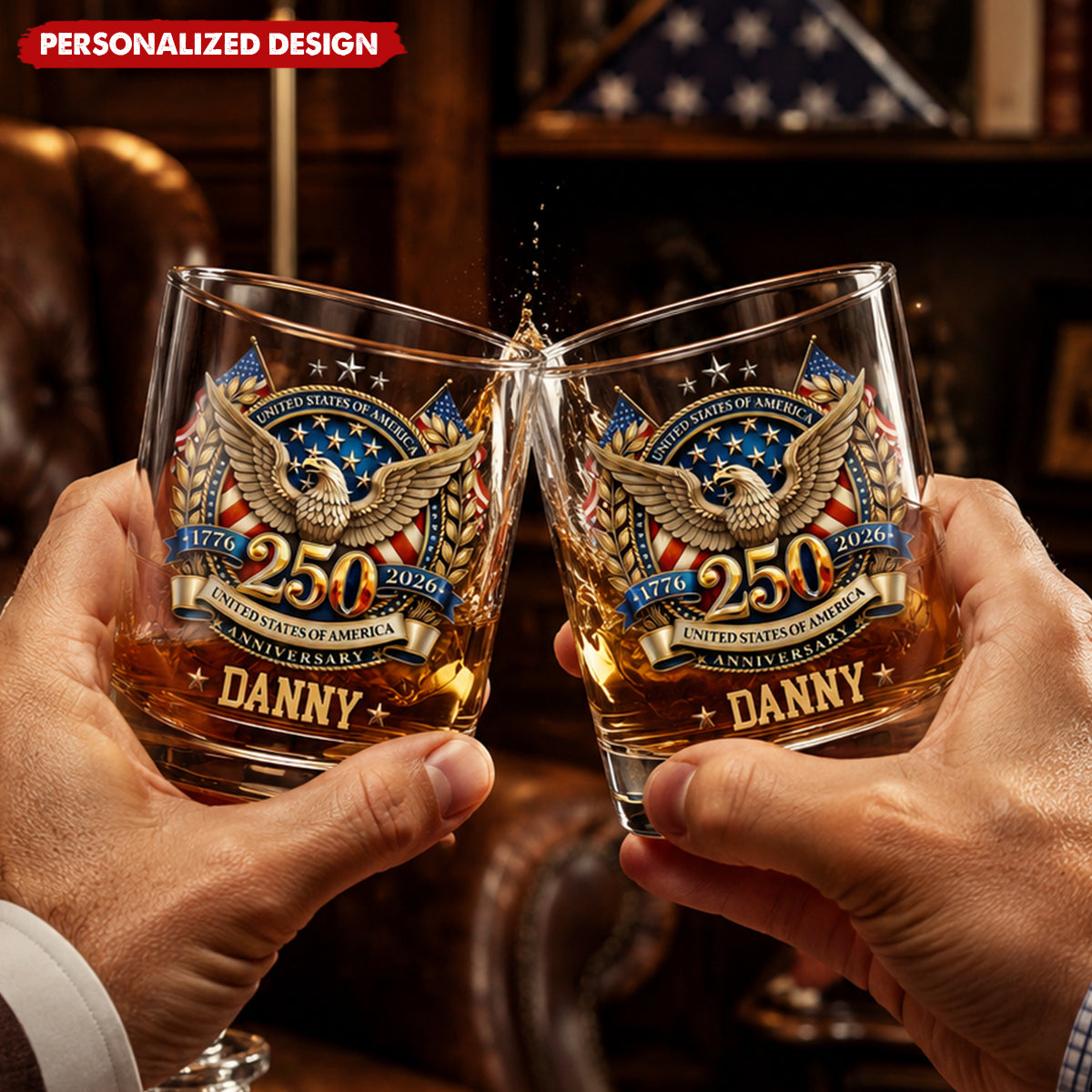 USA 250th Anniversary Eagle Patriotic Whiskey Glass - Custom Name