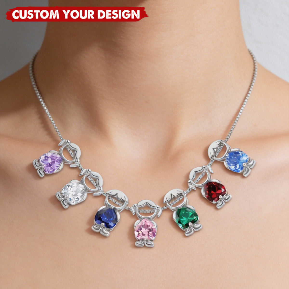 Personalized Kids Heart Birthstone Necklace, Gift For Mom Grandma