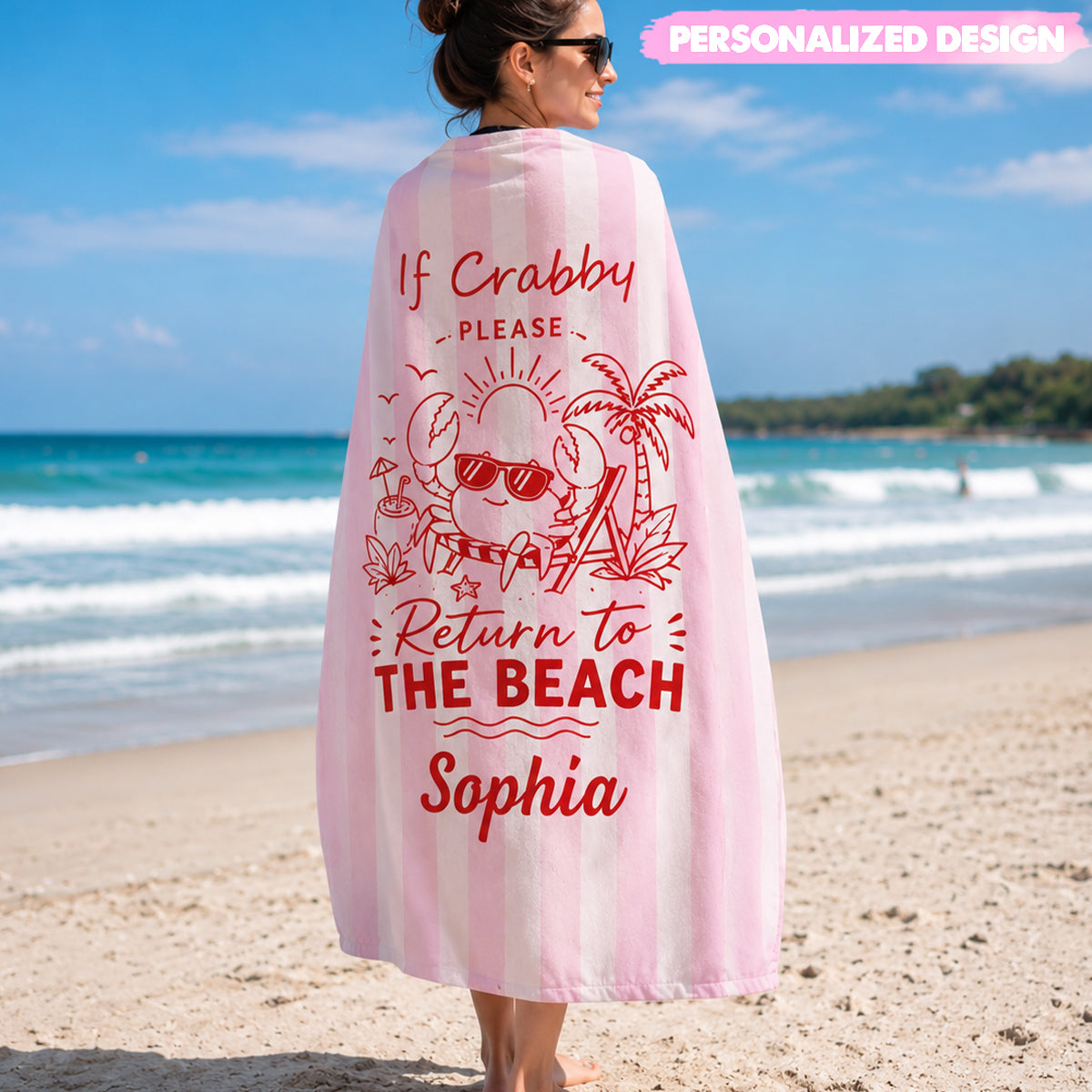 Personalized Sunglasses Crab Tropical Vacation Beach Towel - Custom Name