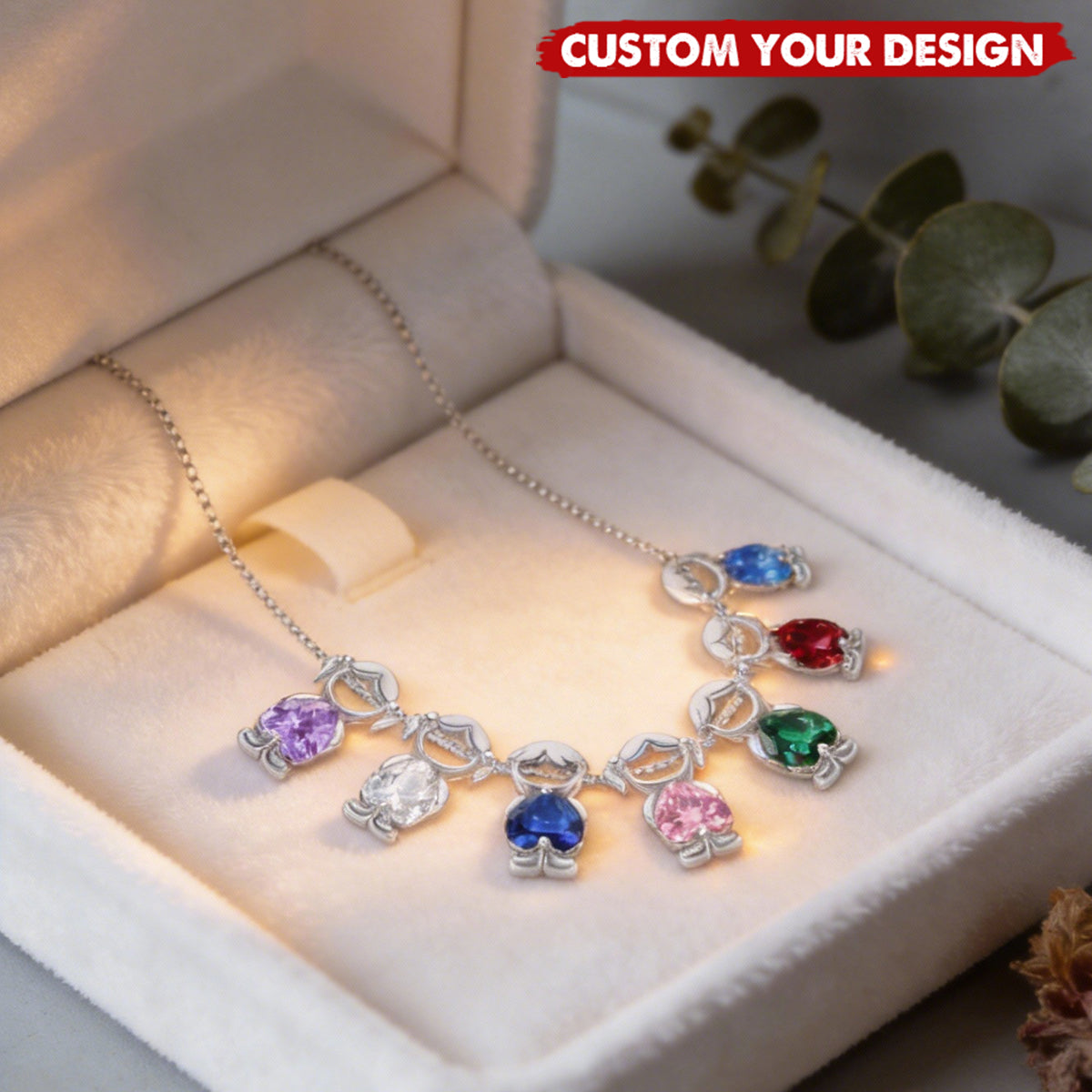 Personalized Kids Heart Birthstone Necklace, Gift For Mom Grandma