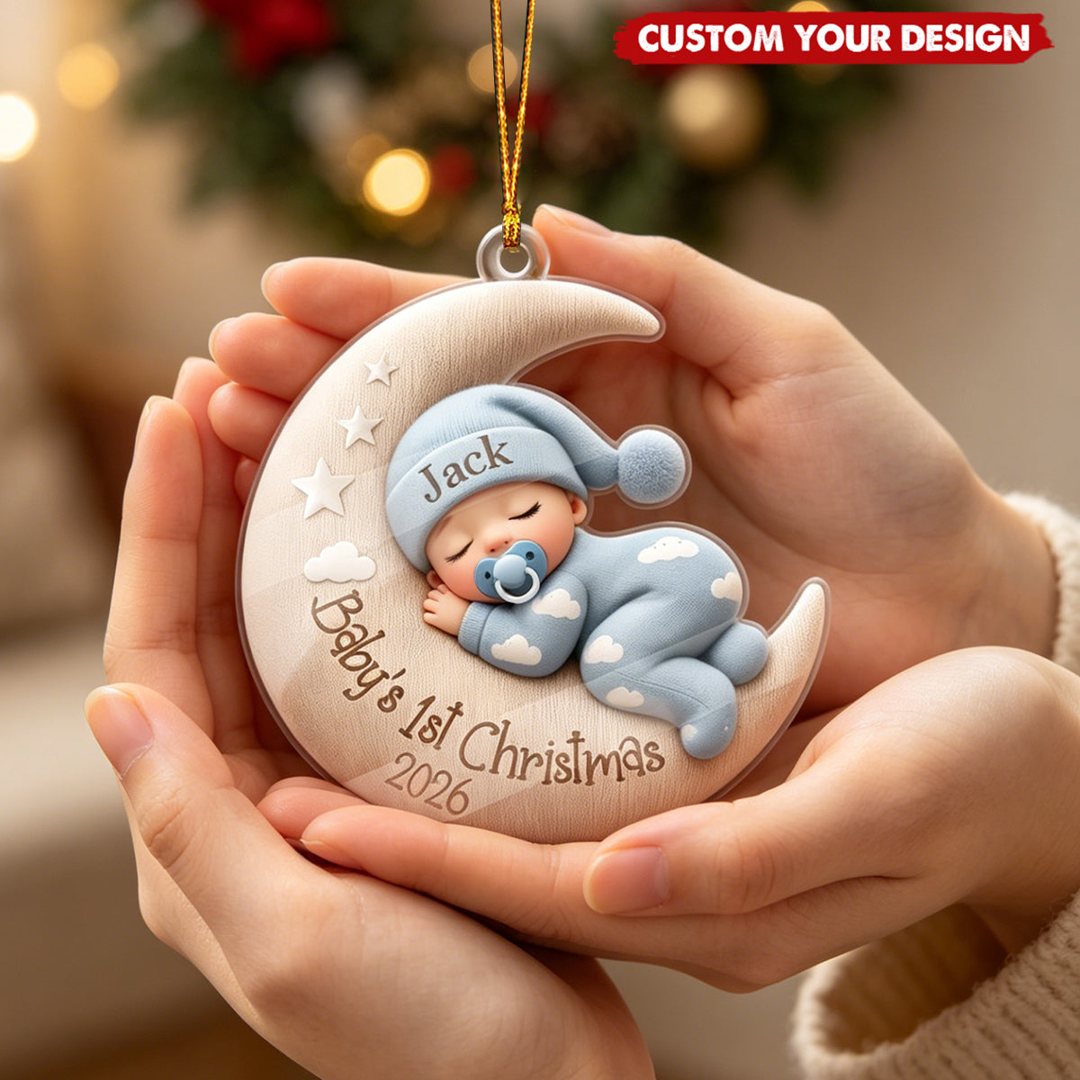 Personalized Sleeping Baby on Moon Keepsake - Baby's First Christmas Ornament