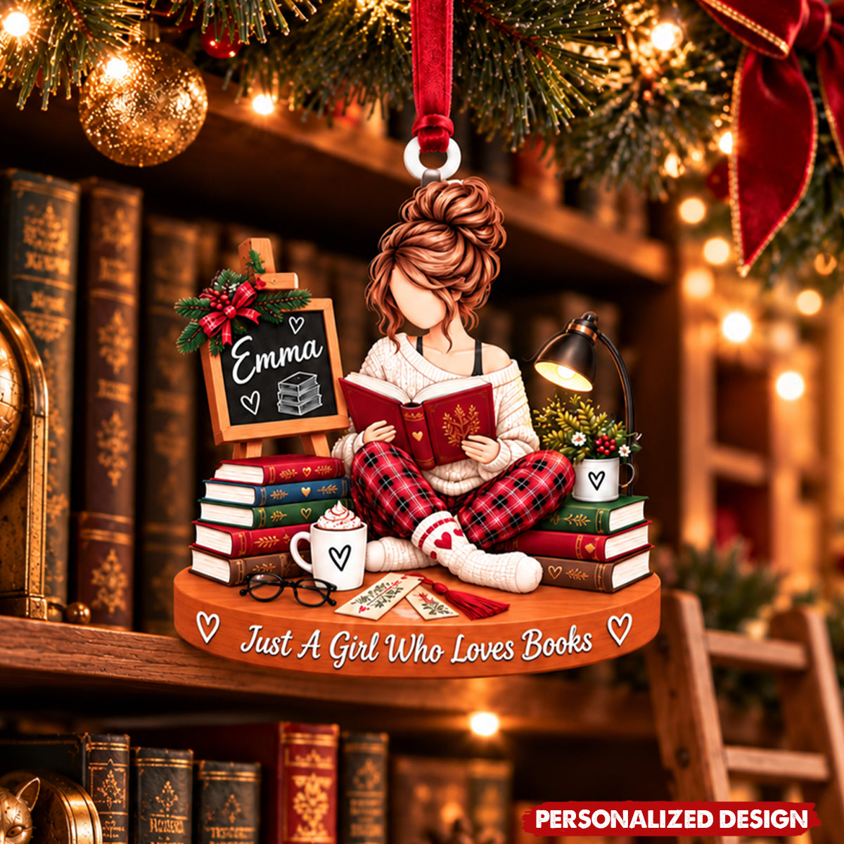 Bookworm Girl Custom Acrylic Hanging Ornament - Book Lover Christmas Tree Decoration
