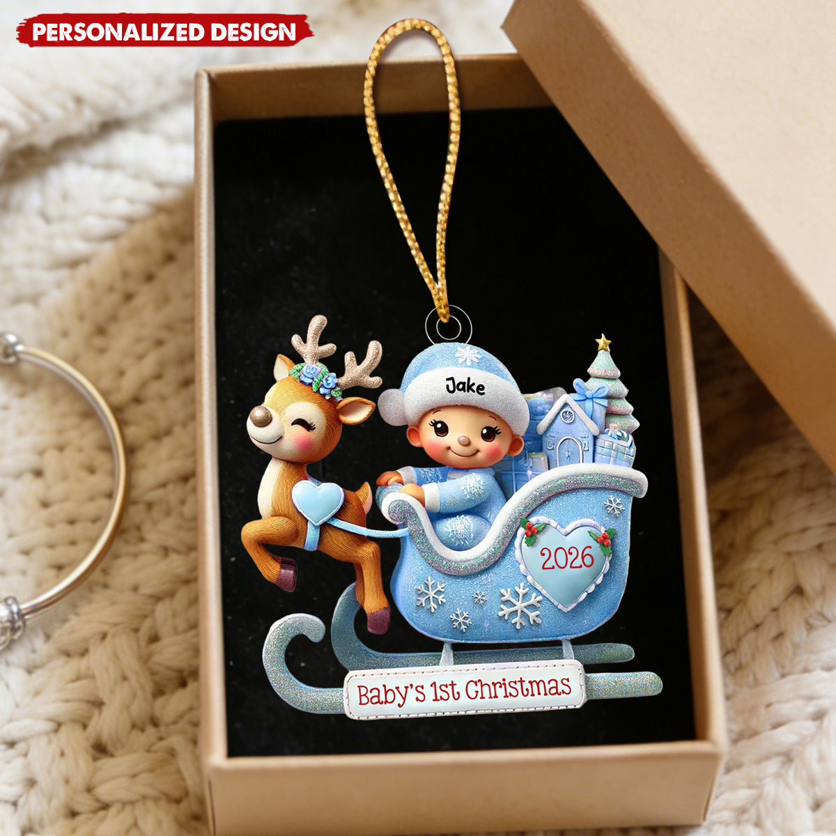 Personalized Baby’s 1st Christmas Reindeer Sleigh Acrylic Ornament