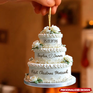 Personalized Couple Names & Wedding Date First Christmas Married Cake Acrylic Ornament