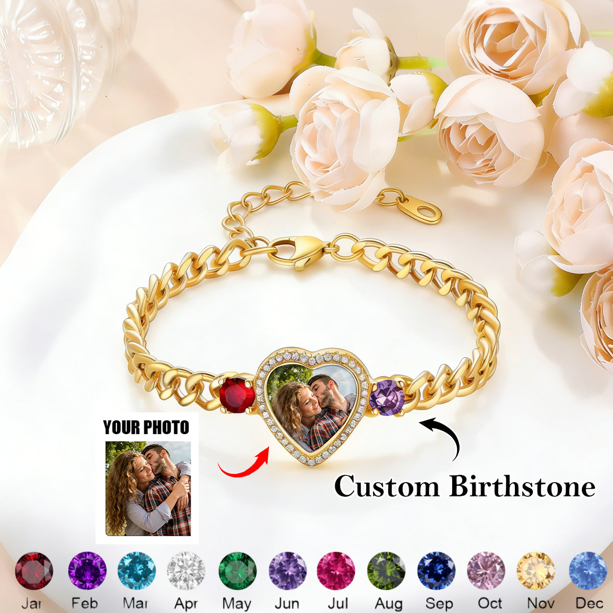 Personalized Heart Photo Birthstone Bracelet - Gift For Mom/Her