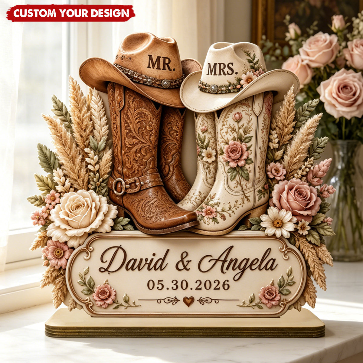 Personalized Mr & Mrs Cowboy Boot Wooden Table Sign - Custom Couple Name Western Wedding Plaque