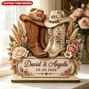 Personalized Mr & Mrs Cowboy Boot Wooden Table Sign - Custom Couple Name Western Wedding Plaque