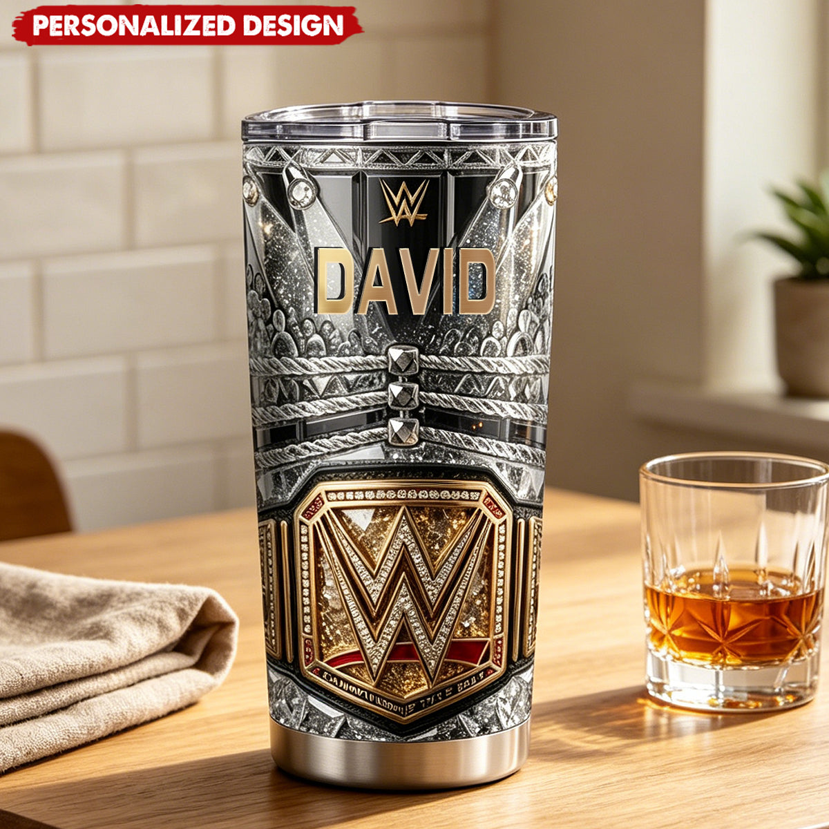 Personalized WWE World Championship Belt Stainless Steel Tumbler- Custom Name