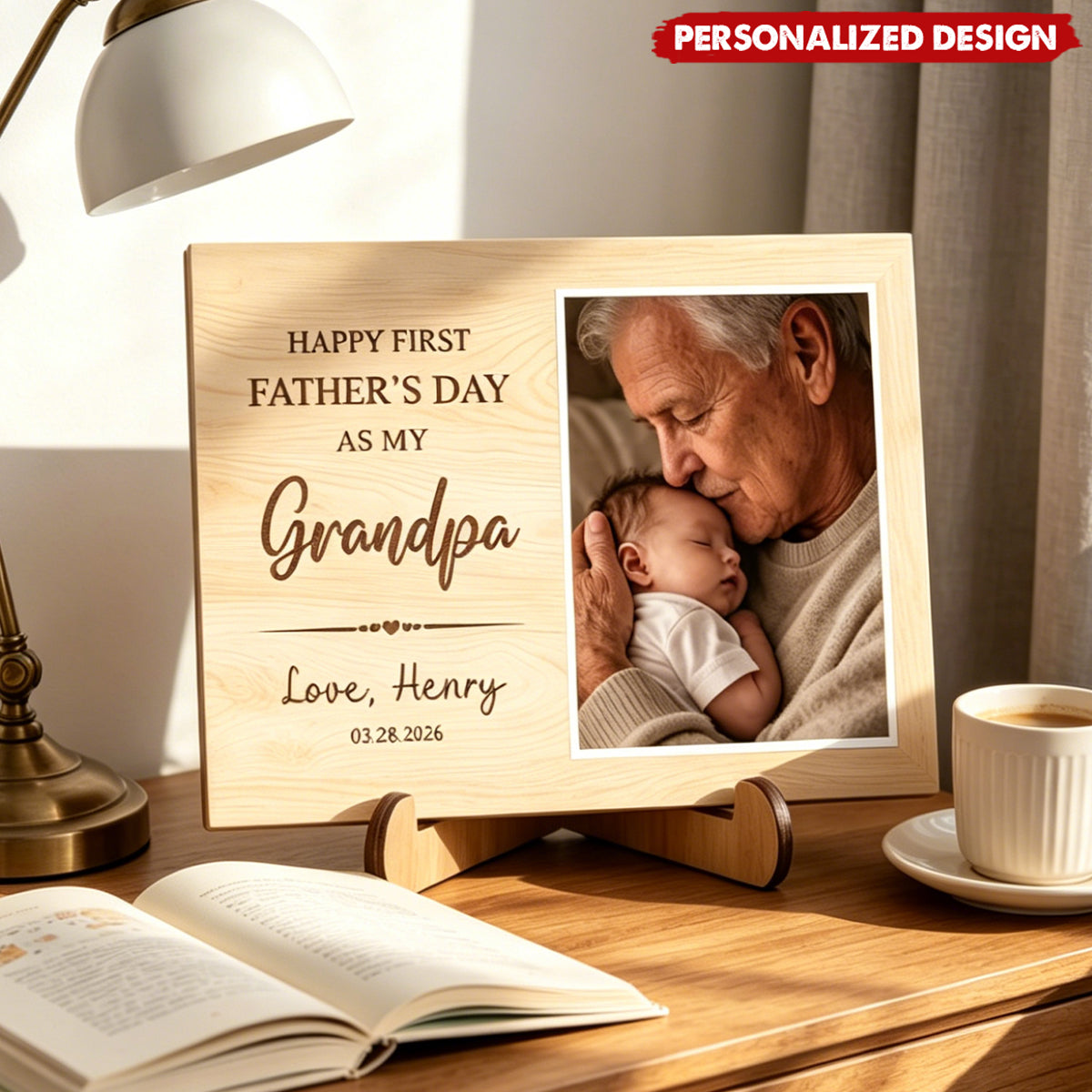 Personalized Name & Birth Date Wooden Photo Plaque - First Father’s Day Gift