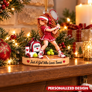 Personalized Tennis Girl Swing Pose Acrylic Christmas Ornament - Custom Name Tennis Player Gift