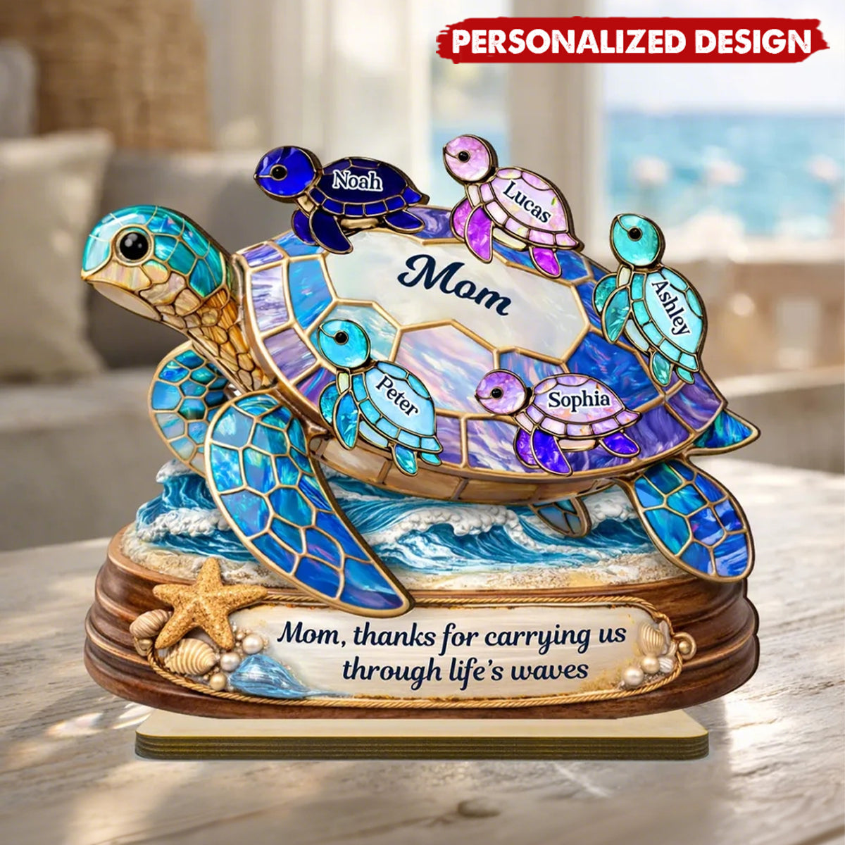 Thanks for Carrying us Through Life's Waves - Personalized Mom Sea Turtle Wooden Plaque