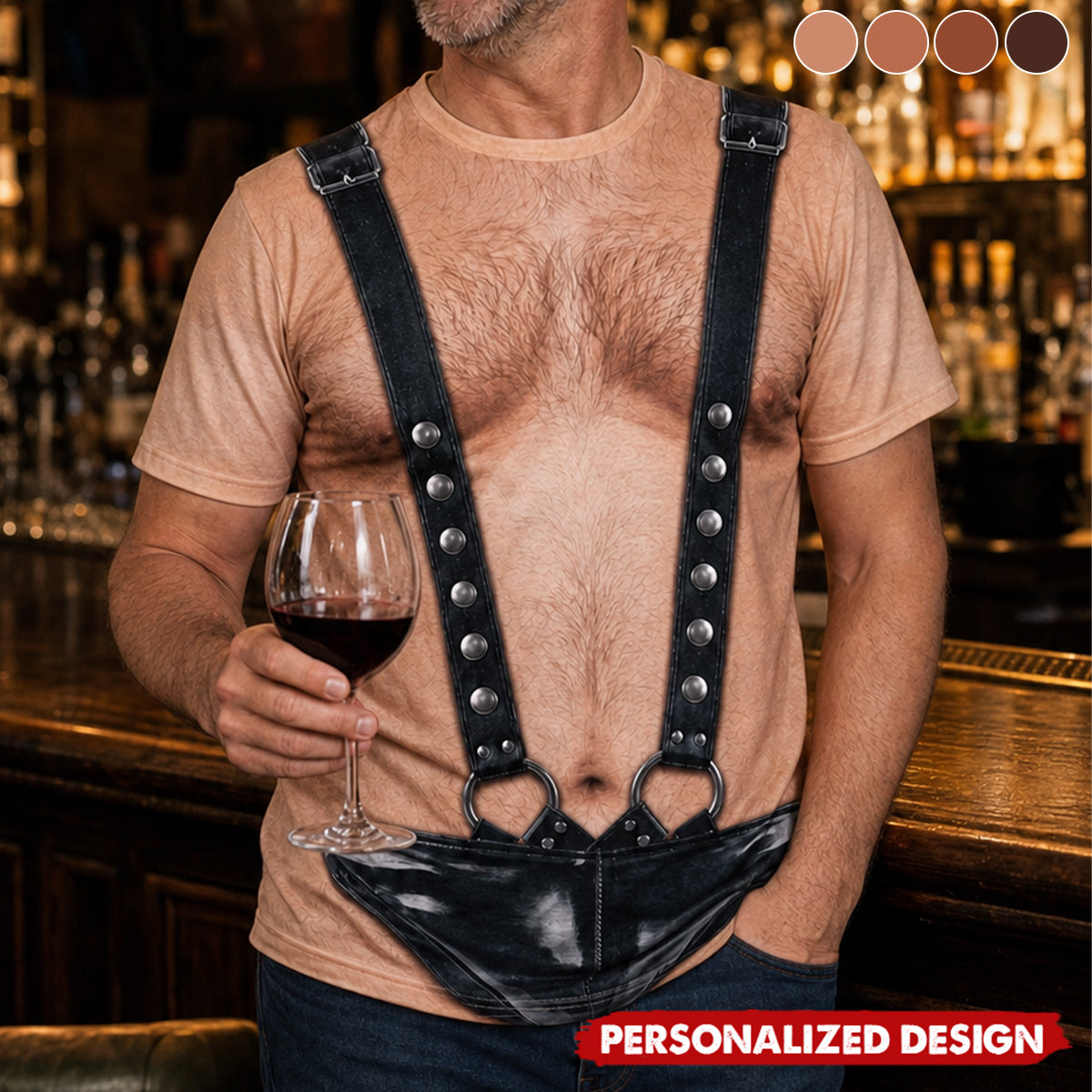 Personalized Optical Illusion Black Leather Suspender Thong T-Shirt