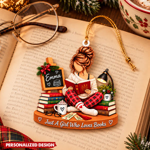 Bookworm Girl Custom Acrylic Hanging Ornament - Book Lover Christmas Tree Decoration