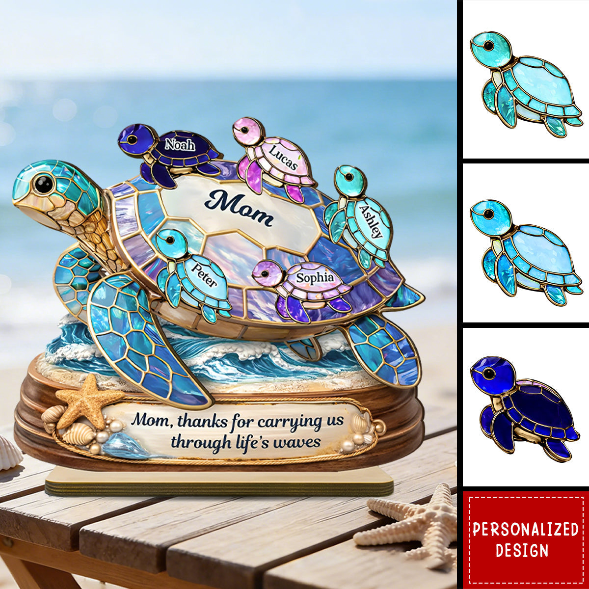 Thanks for Carrying us Through Life's Waves - Personalized Mom Sea Turtle Wooden Plaque