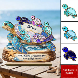 Thanks for Carrying us Through Life's Waves - Personalized Mom Sea Turtle Wooden Plaque