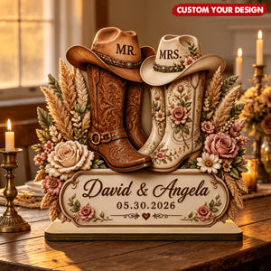 Personalized Mr & Mrs Cowboy Boot Wooden Table Sign - Custom Couple Name Western Wedding Plaque