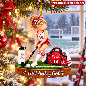 Personalized Field Hockey Girl Acrylic Christmas Ornament - Custom Name & Number Field Hockey Gift