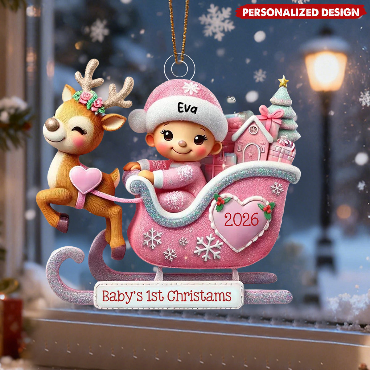 Personalized Baby’s 1st Christmas Reindeer Sleigh Acrylic Ornament