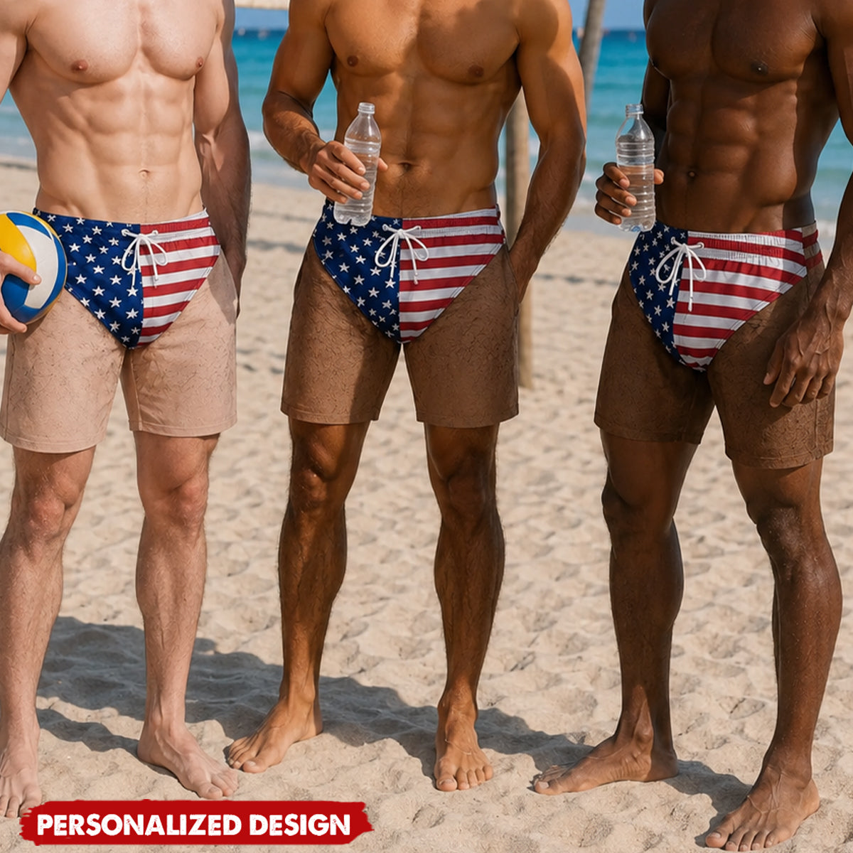 Bulk Funny Optical Illusion USA Flag Swim Shorts - Patriotic Novelty Beach Shorts