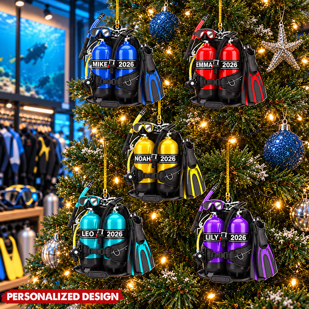 Personalized Scuba Diving Gear Acrylic Christmas Ornament - Custom Name & Year Diver Ornament