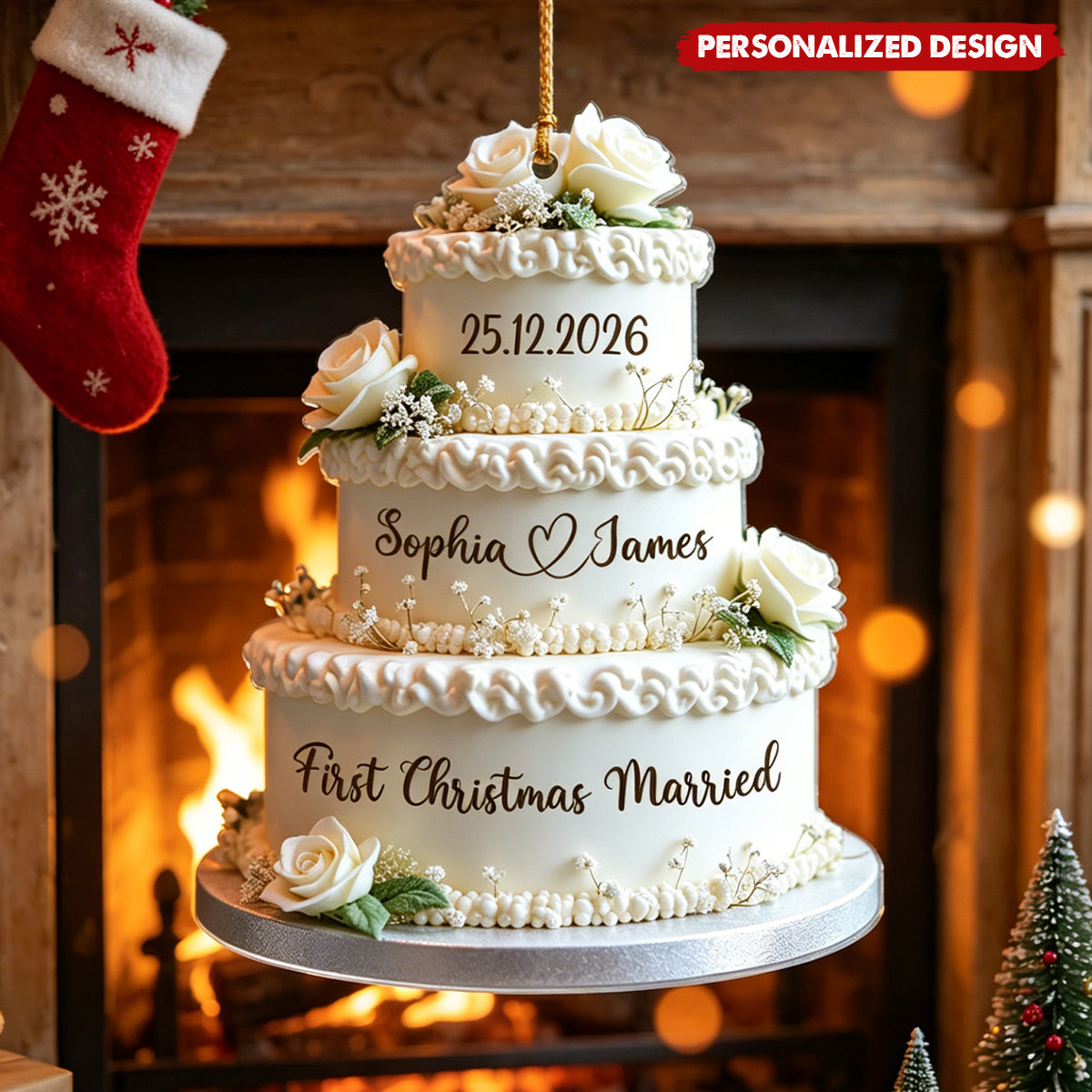 Personalized Couple Names & Wedding Date First Christmas Married Cake Acrylic Ornament