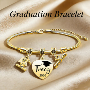 Personalized Graduation Bracelet – Custom Name & Year Grad Cap Charm Bracelet