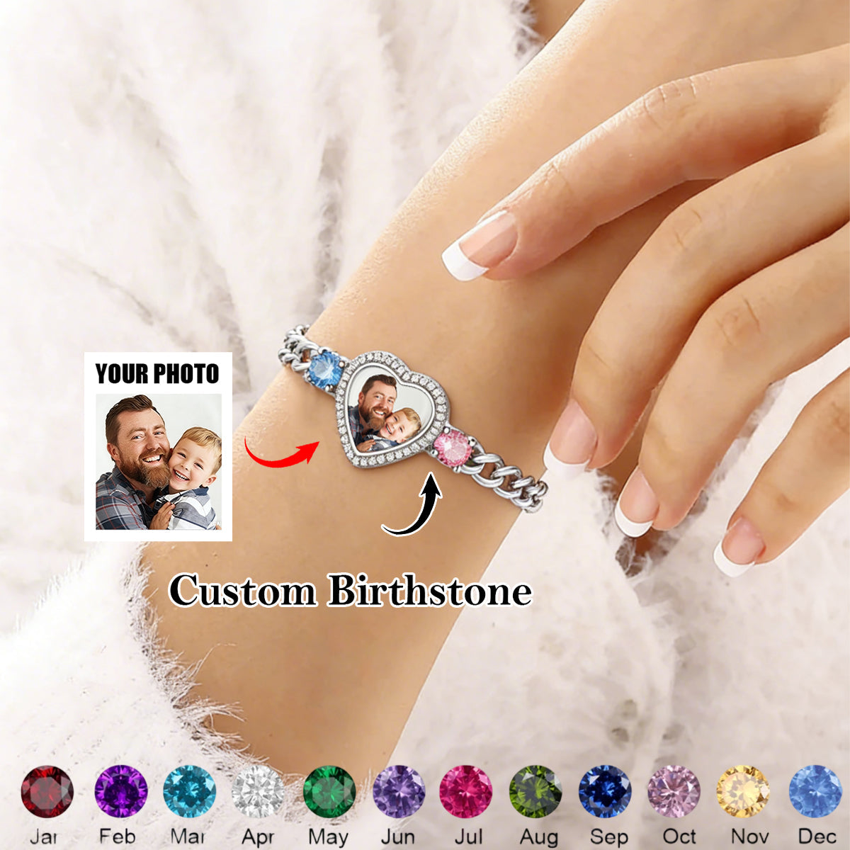 Personalized Heart Photo Birthstone Bracelet - Gift For Mom/Her