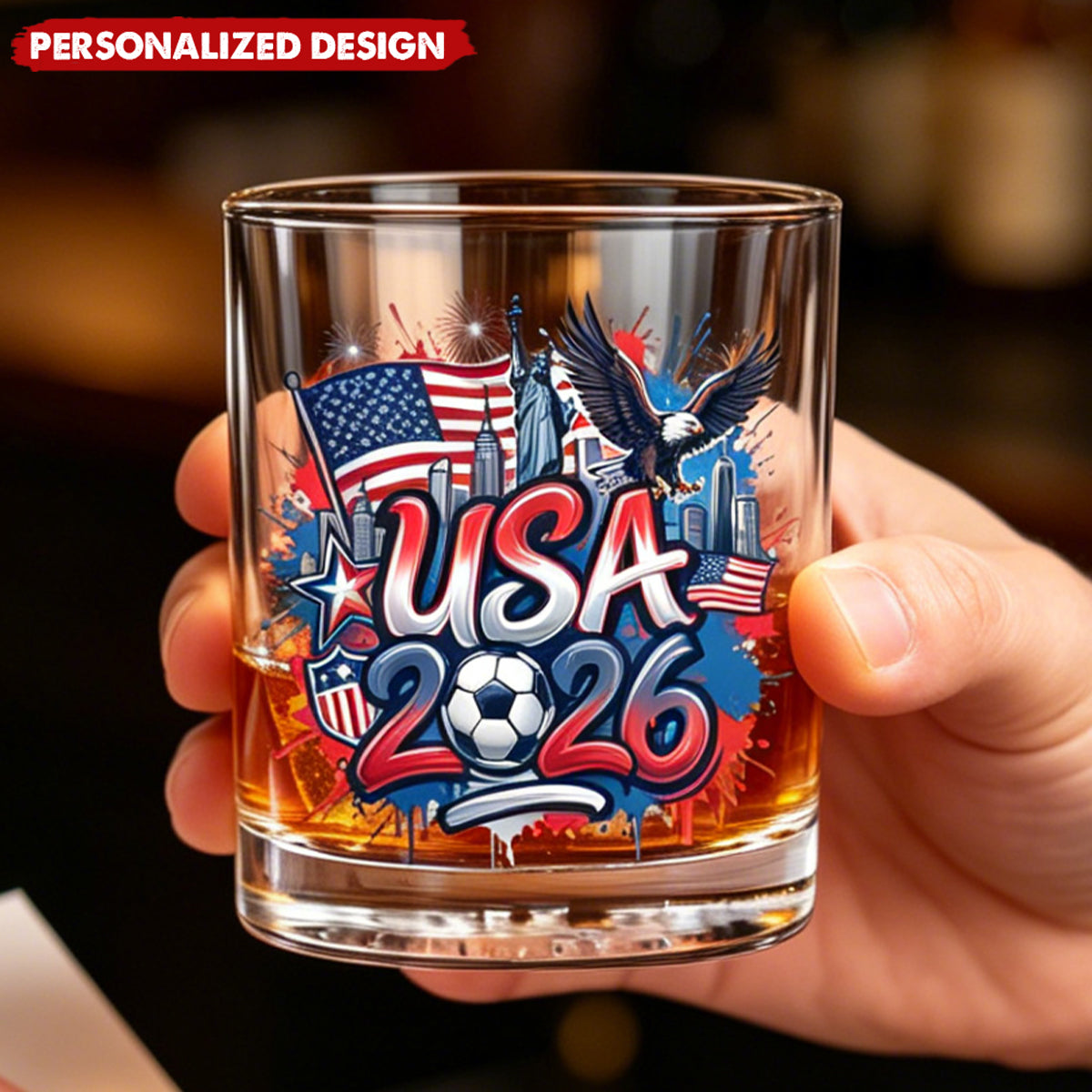 Personalized Country Whiskey Glass - Gift for Soccer Fans