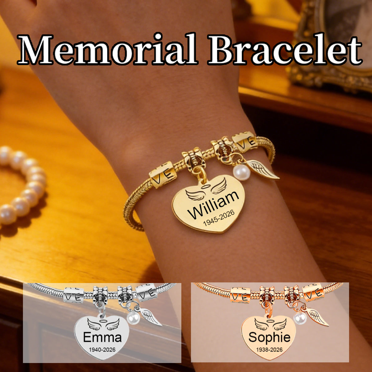 Always In My Heart, Personalized Pearl Wings Memorial Bracelet