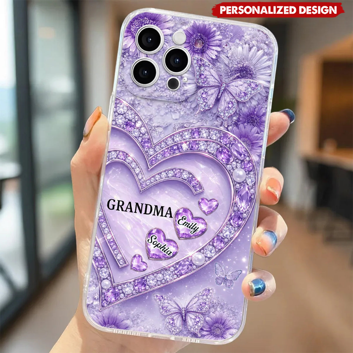 Personalized Grandma Heart Phone Case - Custom Grandkids Names Floral Cover