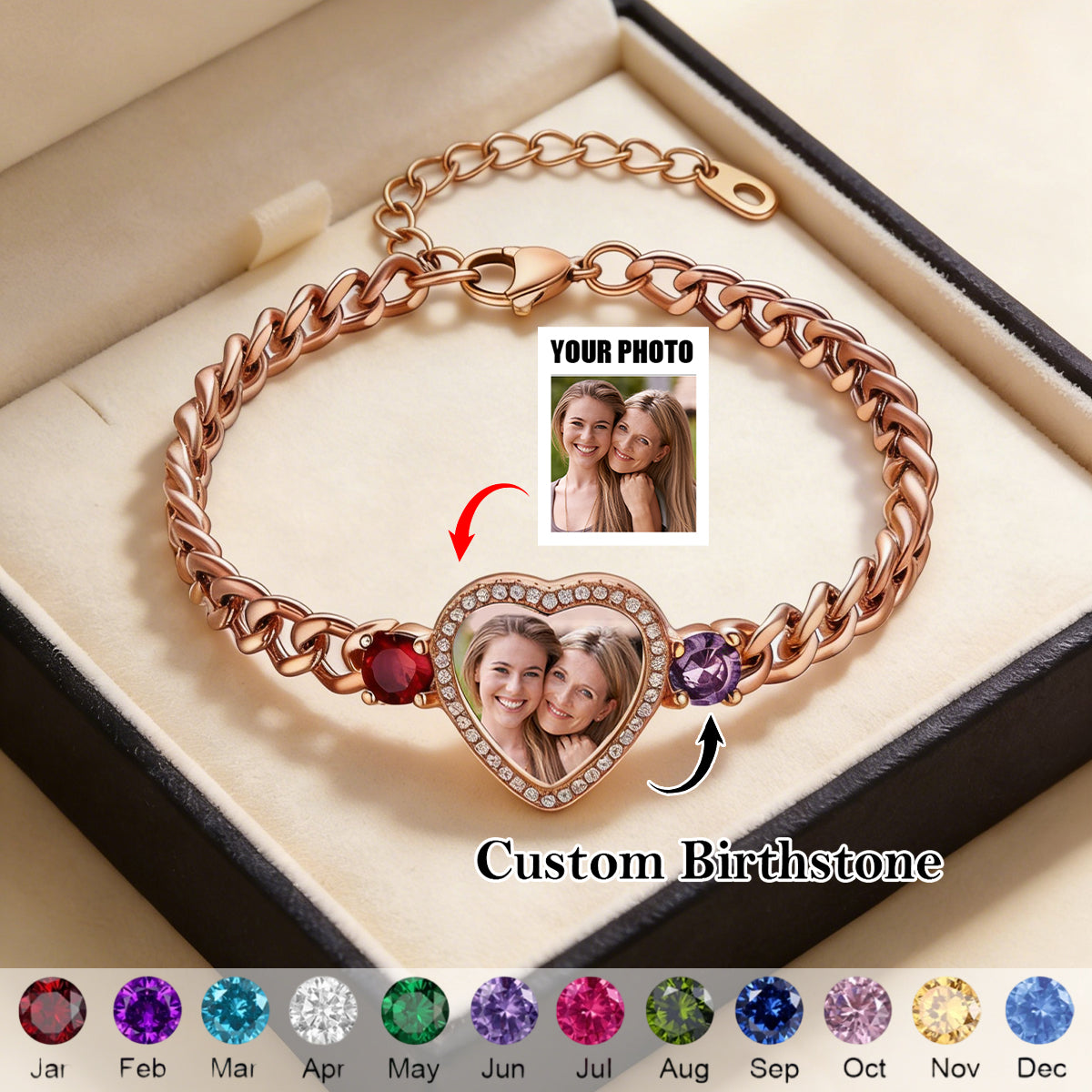 Personalized Heart Photo Birthstone Bracelet - Gift For Mom/Her